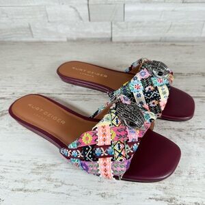 Kurt Geiger London Size 37 Kensington Woven Fabric Flat Sandals Wine Combo New